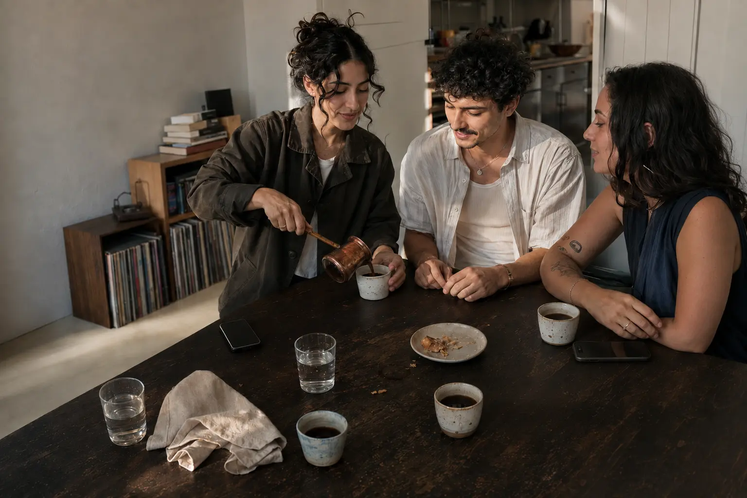 Three friends around a kitchen table, one pouring coffee from a small long-handled pot into a cup.
